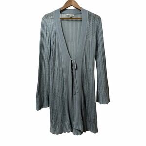 CABI Crochet Open Knit Long Duster Cardigan Size M Blue Bell Sleeve Beachy Artsy